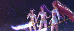 Rule 34 | 3girls, black hair, body markings, crop top, cropped jacket, crowd, dagger, dutch braided ponytail, earrings, epaulettes, glowing, glowing sword, glowing weapon, hair bun, highres, holding, holding dagger, holding knife, holding polearm, holding weapon, hoop earrings, jewelry, knife, kpop demon hunters, long hair, miniskirt, mira (kpop demon hunters), multiple girls, open mouth, pink hair, polearm, privalenz, purple hair, rumi (kpop demon hunters), short shorts, shorts, single hair bun, skirt, stadium, very long hair, weapon, white shorts, white skirt, zoey (kpop demon hunters)