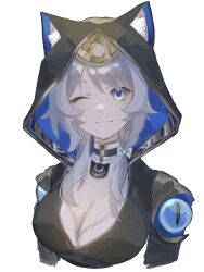 1girl 7go_t ;) animal_ear_fluff animal_ears bow breasts cat_ears cipher_(honkai:_star_rail) cleavage grey_eyes grey_hair hair_bow highres honkai:_star_rail honkai_(series) hood long_hair looking_at_viewer medium_breasts one_eye_closed simple_background smile solo upper_body white_background white_bow