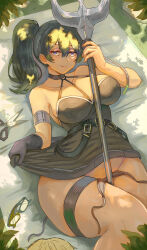 1girl absurdres black_dress black_gloves black_panties breasts cleavage closed_mouth commentary dappled_sunlight dress english_commentary gloves green_hair hair_between_eyes highres holding holding_polearm holding_weapon large_breasts looking_at_viewer low_side_ponytail lying on_back outdoors panties polearm purple_eyes scissors smile sousou_no_frieren sunlight ubel_(sousou_no_frieren) underwear unworn_eyewear voidmakerz weapon
