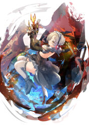 1girl azur_lane black_dress black_shoes braid brown_hair closed_mouth dress from_behind full_body gun hane_(feathe02) high_heels holding holding_gun holding_weapon looking_at_viewer looking_back maid maid_headdress sheffield_(azur_lane) sheffield_(meta)_(azur_lane) shoes solo thighhighs weapon white_thighhighs yellow_eyes
