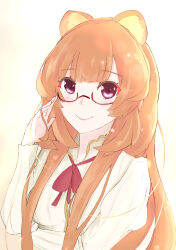 1girl absurdres animal_ears arm_under_breasts blunt_bangs breasts brown_hair closed_mouth collared_dress dress eyelashes glasses hand_up high_collar highres long_hair long_sleeves looking_at_viewer mxsoundtube neck_ribbon portrait raccoon_ears raccoon_girl raphtalia red-framed_eyewear red_ribbon ribbon semi-rimless_eyewear simple_background small_breasts smile solo tate_no_yuusha_no_nariagari under-rim_eyewear white_background white_dress