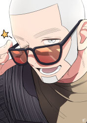 1boy crew_cut golden_kamuy grey_eyes grey_hair kzouzou long_sideburns looking_at_viewer male_focus one_eye_closed open_mouth orange-tinted_eyewear shiraishi_yoshitake sideburns simple_background solo star_(symbol) sunglasses tinted_eyewear upper_body