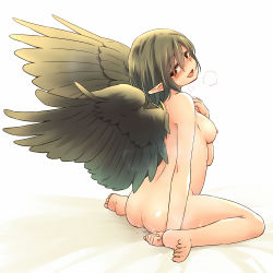 1girl ass bad_feet barefoot black_hair black_wings blush breasts feathered_wings female_focus hair_between_eyes head_tilt looking_at_viewer medium_breasts nipples nude pointy_ears pussy_juice red_eyes shameimaru_aya simple_background sitting smile solo sweat touhou white_background wings yudepii