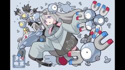 1girl alternate_color alternate_hair_color animated bow-shaped_hair character_hair_ornament commentary_request evolutionary_line gen_1_pokemon gen_4_pokemon grey_background grey_jacket grey_pantyhose grey_shirt grin hair_ornament iono_(pokemon) jacket lightning_bolt_symbol long_hair long_sleeves magnemite magneton magnezone nintendo one_eye_closed pantyhose pokemon pokemon_(creature) pokemon_sv sandy_shocks sharp_teeth shirt single_leg_pantyhose sleeves_past_fingers sleeves_past_wrists smile stchame teeth thigh_strap very_long_hair video wink