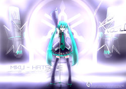 1girl aqua_eyes aqua_hair arm_up arms_behind_back blouse detached_sleeves english_text female_focus hair_ornament hair_ribbon hatsune_miku headphones long_hair microphone microphone_stand miniskirt necktie pleated_skirt pointing ribbon shirt skirt sleeveless solo stage standing thighhighs tsubasa_(abchipika) tuning_fork twintails very_long_hair vocaloid yamaha zettai_ryouiki