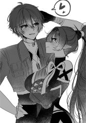 1boy 1girl absurdres breasts crossed_arms dstscq greyscale heart highres jacket jewelry long_hair looking_at_another male_rover_(wuthering_waves) monochrome necklace pointy_ears ponytail rover_(wuthering_waves) simple_background speech_bubble white_background wuthering_waves yinlin_(wuthering_waves)