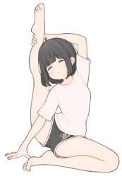 1girl 1ssakawaguchi absurdres barefoot black_hair black_shorts blush bob_cut closed_eyes closed_mouth commentary_request dolphin_shorts flexible highres ichika_(1ssakawaguchi) kneepits leg_grab leg_up original petite shirt short_hair short_sleeves shorts simple_background soles solo stretching thighs white_background white_shirt yoga
