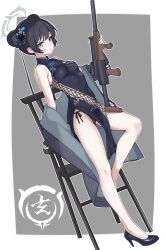1girl absurdres bare_shoulders black_dress black_hair black_panties black_shoes blue_archive border breasts chair china_dress chinese_clothes coat coat_partially_removed commentary_request covered_navel cs/ls06 double_bun dragon_print dress grey_background grey_eyes grey_halo gun hair_bun halo high_heels highres holding holding_gun holding_weapon kisaki_(blue_archive) long_hair looking_at_viewer off_shoulder open_clothes open_coat outline outside_border panties pelvic_curtain print_dress schjuice shanghai_neckline shoes side-tie_panties simple_background small_breasts solo standing standing_on_one_leg striped_coat twintails underwear vertical-striped_coat weapon white_border white_outline wooden_chair