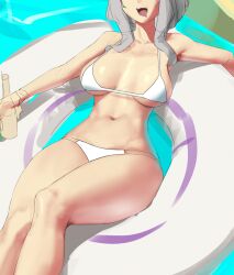 Rule 34 | 1girl, alcohol, bikini, bottle, breasts, character request, cleavage, collarbone, commentary, copyright request, cropped, eu03, grey hair, holding, holding bottle, large breasts, long hair, looking at viewer, navel, no eyes, open mouth, outdoors, pool, solo, swimsuit, symbol-only commentary, unfinished, white bikini
