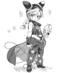 1girl age_regression aged_down apple972 cape cd cone_hair_bun double_bun female_focus flat_chest greyscale hair_bun inzup jojo_no_kimyou_na_bouken kuujou_jolyne long_hair looking_at_viewer monochrome multicolored_hair oversized_clothes simple_background solo two-tone_hair white_background