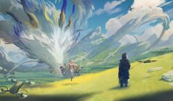 1girl 1other absurdres arknights bare_shoulders black_coat blonde_hair blue_hair blue_sky cloud cloudy_sky coat doctor_(arknights) dragon dragon_girl dragon_horns dragon_tail drone eastern_dragon eastern_dragon_horns eastern_dragon_tail fangs grass grey_hair highres hood hooded_coat horns jacket long_sleeves multicolored_hair oneworldtwo outdoors pants rock shu_(arknights) sky strapless tail tube_top white_eyes white_jacket white_pants white_tube_top