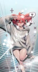1girl :3 ahoge alternate_costume ankle_socks arm_up blurry blurry_background chastity_cage collarbone commentary_request drill_hair flat_chastity_cage grey_sweater hair_between_eyes heart highres hood hooded_sweater kasane_teto leg_up long_hair piropiro0215 pixel_art red_eyes red_hair small_chastity_cage smile socks solo speech_bubble spoken_heart standing standing_on_one_leg sweater twin_drills utau