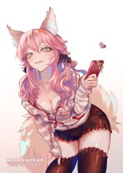 Rule 34 | 1girl, animal ear fluff, animal ears, black skirt, black thighhighs, bra, breasts, cleavage, closed mouth, cowboy shot, fate/extra, fate/extra ccc, fate (series), fox ears, fox girl, fox tail, heart, highres, holding, hood, hoodie, long hair, looking at viewer, official alternate costume, open clothes, open hoodie, pink hair, pink hoodie, simple background, skirt, solo, striped clothes, tail, tamamo (fate), tamamo no mae (fate/extra), tamamo no mae (spring casual) (fate), thighhighs, underwear, washuu, white background, yellow eyes