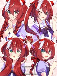 Rule 34 | 1girl, :3, alternate costume, alternate hairstyle, animal ears, braid, breasts, green eyes, hair between eyes, hair ornament, horse girl, looking at viewer, low twin braids, low twintails, meineko lui, red hair, school uniform, small breasts, solo, tracen school uniform, twin braids, twintails, umamusume, win variation (umamusume)