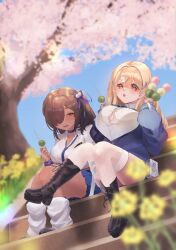 2girls absurdres blonde_hair blue_bow blue_bowtie blush bow bowtie breasts brown_eyes brown_hair cleavage collared_shirt dark-skinned_female dark_skin goddess_of_victory:_nikke hair_ornament highres jewelry large_breasts long_hair looking_at_viewer multiple_girls naga_(nikke) shirt skirt smile tia_(nikke) white_shirt yashima_xx