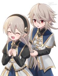 1boy 1girl :o aged_down black_hairband braid braided_twintails child commentary_request dual_persona female_corrin_(fire_emblem) female_corrin_(young_kinship)_(fire_emblem) fire_emblem fire_emblem_fates fire_emblem_heroes grey_hair hair_between_eyes hairband hands_up happy holding_another&#039;s_hair long_hair long_sleeves male_corrin_(fire_emblem) male_corrin_(young_kinship)_(fire_emblem) miasuke nintendo official_alternate_costume open_mouth pointy_ears red_eyes short_hair smile standing white_background