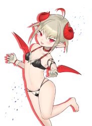 1girl :d absurdres adapted_costume ahoge alternate_costume bare_shoulders barefoot belt_collar black_bra blush bra bracelet breasts choker collar cross cross_print curled_horns demon_girl demon_horns demon_wings dyed_ahoge fang foot_out_of_frame gloves grey_hair hair_between_eyes heart heart_print highres horns jewelry looking_at_viewer lowleg lowleg_panties makaino_ririmu makaino_ririmu_(1st_costume) multicolored_hair navel nijisanji open_mouth panties pixie_cut pointy_ears red_collar red_eyes red_hair red_horns red_wings short_hair sidelocks simple_background small_breasts smile solo standing standing_on_one_leg streaked_hair tsukumoharamilky underwear virtual_youtuber white_background white_gloves white_panties wings