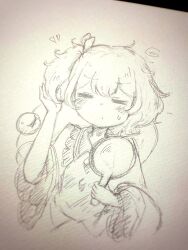 Rule 34 | 1girl, alternate hairstyle, blush, buttons, closed eyes, collared shirt, commentary request, diamond button, eyeball, frilled shirt collar, frills, highres, holding, holding mirror, komeiji koishi, long sleeves, messy hair, mirror, no headwear, one side up, photo (medium), shiro tsugumi, shirt, solo, sweatdrop, third eye, touhou, traditional media, wide sleeves