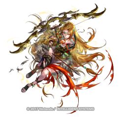 1girl arrow_(projectile) blonde_hair bow_(weapon) braid circlet copyright_notice damaged earrings fingerless_gloves fire_emblem fire_emblem:_genealogy_of_the_holy_war fire_emblem_heroes full_body fur_trim gladiator_sandals gloves hand_up holding holding_bow_(weapon) holding_weapon hoop_earrings jewelry long_hair necklace nintendo official_art sandals simple_background single_thighhigh suzuki_rika thighhighs thighs torn_clothes ullr_(fire_emblem) very_long_hair weapon white_background yellow_eyes yewfelle_(fire_emblem)