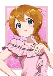 1girl aqua_eyes baba_konomi blush border braid brown_hair commentary fingernails hair_over_shoulder hand_up highres idolmaster idolmaster_million_live! idolmaster_million_live!_theater_days lips long_hair outside_border pink_background pink_shirt shirt side_ahoge single_braid solo twwibql2kktg5am upper_body white_border