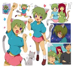 Rule 34 | 1boy, 2000s (style), 2girls, :d, @ @, against window, animal ears, arm up, bendedede, blood, blue hair, blue shirt, blue sky, blush, breasts, brown footwear, cat, cat ears, cat girl, cat tail, closed eyes, cloud, cowboy shot, dress, falling petals, full body, green dress, green hair, grey cat, grey fur, grey shirt, grey tail, highres, hitoshi-san, koneko-chan, laughing, long hair, multiple girls, night, nosebleed, nyan neko sugar girls, one eye closed, open mouth, orange eyes, petals, pink skirt, purple eyes, raku-chan, red hair, shirt, shoes, short hair, skirt, sky, smile, socks, sweatdrop, t-shirt, tail, very short hair, white background, white socks, window, wings