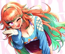 Rule 34 | 1girl, breasts, cleavage, colored inner hair, ddolbang, fishnets, green hair, highres, hololive, hololive english, large breasts, long hair, messy hair, miniskirt, multicolored hair, official alternate costume, official alternate hairstyle, one eye closed, open mouth, orange hair, purple eyes, simple background, skirt, smile, takanashi kiara, takanashi kiara (fever night), two-tone hair, virtual youtuber, white background