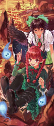 2girls absurdres animal_ear_fluff animal_ears black_hair black_legwear black_shoes blush bone bow braid cat_ears cat_tail commentary_request constellation_print dress evefly_megane_p fang feathered_wings grave green_dress green_skirt hair_bow highres hitodama index_finger_raised kaenbyou_rin large_variant_set lava leg_ribbon long_hair long_sleeves looking_at_viewer multiple_girls multiple_tails open_mouth panties pantyhose pantyshot red_eyes red_hair reiuji_utsuho ribbon rock shirt shoe_soles shoes short_sleeves sitting skirt skull smile tail teeth third_eye touhou twin_braids two_tails underwear upper_teeth_only variant_set wheelbarrow white_panties white_shirt wings