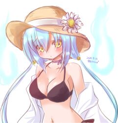 1girl akino_sakura alternate_costume artist_name bikini black_bikini blue_hair bow bow_flower breasts collar dated emil_chronicle_online fireball flower hair_bow hat hat_flower jacket large_breasts long_hair low_twintails purple_collar straw_hat sunflower swimsuit twintails upper_body white_jacket wisp_alma yellow_eyes