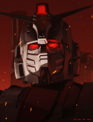 daue earth_federation fire glowing glowing_eyes gundam gundam_ex gundam_requiem_for_vengeance highres looking_at_viewer mecha mecha_focus mobile_suit no_humans red_eyes robot science_fiction smoke solo v-fin zooming_in