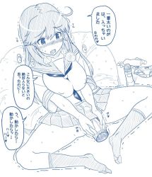 1boy 1girl ahoge between_breasts black_hair black_socks blue_skirt breasts covered_erect_nipples dildo embarrassed female_masturbation from_above indian_style kantai_collection large_breasts long_hair lotion lotion_bottle masturbation miniskirt monochrome object_insertion open_mouth panties sailor_collar school_uniform serafuku sex_toy sitting skirt socks tight_clothes translation_request underwear unworn_panties ushio_(kancolle) yellow_eyes yn_red