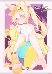 @_@ absurdres animal_ear_fluff animal_ears ball bandaid bandaid_on_leg bare_legs bare_shoulders barefoot beachball blue_archive covered_navel cross_halo diamond_cutout disembodied_hand dot_nose eugenecolin extra_ears eyes_visible_through_hair feet fox_ears fox_girl furrowed_brow glasses hair_over_shoulder halo hand_up highleg highleg_one-piece_swimsuit highres holding_another&#039;s_foot knees_up loli long_hair long_sleeves off_shoulder one-piece_swimsuit open_mouth saliva saliva_trail sandals seia_(blue_archive) seia_(swimsuit)_(blue_archive) side_ponytail sleeves_past_wrists soles sunglasses swimsuit tail tail_ornament thighs tinted_eyewear toenails toes very_long_hair visor_cap yellow_halo yellow_sandals yellow_visor