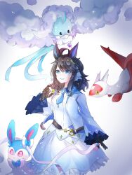 1girl ahoge altaria animal_ears beak belt black_gloves black_hair blue_eyes blue_necktie blue_ribbon character_request crossover d6pvxvigzl45771 daring_tact_(umamusume) fluffy flying gen_3_pokemon gloves hair_ornament hair_ribbon highres horse_ears horse_girl jacket latias legendary_pokemon looking_at_viewer mega_altaria mega_pokemon necktie nintendo pokemon pokemon_(creature) purple_eyes ribbon skirt smile star_(symbol) star_hair_ornament umamusume wavy_hair white_jacket white_skirt yellow_eyes