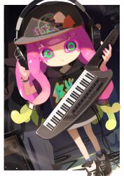 1girl baseball_cap black_hat black_hoodie black_shoes border bracelet colored_extremities colored_eyelashes commentary_request full_body green_eyes green_hair hair_ornament hair_scrunchie hand_on_headphones harmony_(splatoon) harufude hat headphones headphones_over_headwear high_tops highres holding holding_instrument hood hood_down hoodie instrument jewelry keytar long_hair looking_at_viewer low-tied_long_hair multicolored_eyes multicolored_hair nintendo parted_lips pink_hair print_hat purple_eyes purple_pupils purple_socks scrunchie shoes short_sleeves skirt sneakers socks solo splatoon_(series) splatoon_3 standing tentacle_hair two-tone_eyes two-tone_hair very_long_hair white_border white_skirt