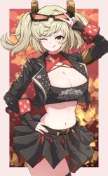 1girl ;q absurdres belt black_belt blonde_hair breasts burnice_white cleavage crop_top cropped_jacket eyewear_on_head highres kaiju_ryoku large_breasts midriff miniskirt navel one_eye_closed red_eyes skirt spiked_belt spikes stomach thighhighs thighs tongue tongue_out v v-shaped_eyebrows zenless_zone_zero zettai_ryouiki
