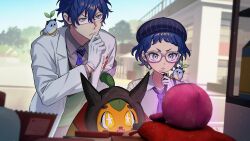 1boy 1girl 8ya_nagi armband blue_bow blue_hair blue_necktie bow breast_pocket building collared_shirt crossover cushion gloves green_eyes green_sweater_vest hand_on_own_chin highres lab_coat leos_vincent mameneko_(leos_vincent) necktie nijisanji nintendo object_in_pocket ogerpon pecharunt pen_in_pocket pocket pokemon purple_armband shirt short_hair striped_clothes striped_headwear sweater_vest thinking virtual_youtuber white-framed_eyewear white_gloves