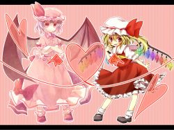 2girls artist_collaboration bat_wings blonde_hair blush bobby_socks crossed_arms fang female_focus flandre_scarlet glowing glowing_wings hand_on_own_face hat heart highres letterboxed light_purple_hair long_skirt mary_janes mugura multiple_girls pasutel red_eyes remilia_scarlet shoes short_hair siblings sisters skirt smile socks striped_background touhou wings