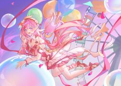 1girl balloon bare_shoulders breasts cleavage commentary diamond-shaped_pupils diamond_(shape) dress elysia_(honkai_impact) ferris_wheel hand_up hashtag-only_commentary hat highres honkai_(series) honkai_impact_3rd index_finger_raised long_hair lucas_(lucasng29949052) medium_breasts official_alternate_costume open_mouth petals pink_hair pink_shoes pointy_ears purple_eyes shoes smile solo symbol-shaped_pupils thighhighs thighs very_long_hair white_dress white_hat white_thighhighs