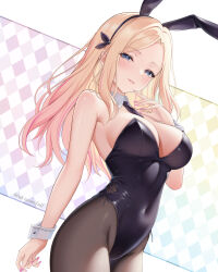 1girl akiei alternate_costume animal_ear_hairband animal_ears black_leotard black_necktie blonde_hair blush breasts covered_navel detached_collar fake_animal_ears fingernails gakuen_idolmaster grey_pantyhose groin hairband highres hiphighs idolmaster juo_sena large_breasts leotard long_hair looking_at_viewer multicolored_hair nail_polish necktie pantyhose pink_hair playboy_bunny rabbit_ear_hairband rabbit_ears smile solo strapless strapless_leotard streaked_hair twitter_username two-tone_hair wrist_cuffs