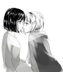 Rule 34 | 2girls, aoba moca, bamboo9545, bang dream!, commentary request, eye contact, from side, greyscale, hood, hoodie, imminent kiss, long sleeves, looking at another, mitake ran, monochrome, multiple girls, parted lips, profile, shirt, short hair, tears, yuri
