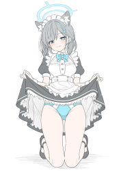 1girl alternate_costume alternate_hairstyle animal_ear_fluff animal_ears apron black_dress blue_archive blue_bow blue_bowtie blue_eyes blue_halo blue_panties blush bow bowtie bright_pupils closed_mouth clothes_lift commentary cross cross_hair_ornament dress enmaided extra_ears flat_color frilled_apron frilled_dress frills grey_hair hair_intakes hair_ornament halo highres inverted_cross kneeling looking_at_viewer maid maid_apron maid_headdress mismatched_pupils panties puffy_short_sleeves puffy_sleeves shiroko_(blue_archive) short_hair short_sleeves simple_background skirt skirt_hold skirt_lift smile solo t1kosewad thighs underwear waist_apron white_apron white_background white_headdress white_pupils white_wrist_cuffs wolf_ears wolf_girl wrist_cuffs