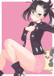 Rule 34 | 1girl, absurdres, asymmetrical bangs, bare legs, black boots, black choker, black hair, black jacket, blush, boots, border, choker, denshi rinji, dress, earrings, furrowed brow, gen 8 pokemon, green eyes, hair ribbon, hand up, highres, jacket, jewelry, looking at viewer, marnie (pokemon), morpeko, morpeko (full), nintendo, pink background, pink dress, pokemon, pokemon (creature), pokemon swsh, ribbon, short dress, sitting, stud earrings, thighs, twintails, undercut, white border