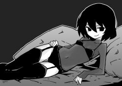 1girl akableak arm_support armpits black_bra black_eyes black_hair black_panties black_thighhighs bob_cut bra breasts chair collarbone commentary covered_navel elbow_rest empty_eyes english_commentary feet_out_of_frame garter_straps gluteal_fold grey_background greyscale groin hair_between_eyes hand_on_own_hip high_contrast highres latex latex_bra latex_panties latex_thighhighs light_smile long_sleeves looking_at_viewer lounge_chair lounging lying monochrome monogatari_(series) navel on_side oshino_ougi pale_skin panties see-through_clothes see-through_shirt shiny_clothes short_hair small_breasts smile smirk solo thigh_gap thighhighs turtleneck underwear
