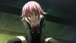 1girl ahoge between_legs black_dress black_jacket black_thighhighs blush bow breasts buttons chaos;child chaos;child_love_chu_chu! closed_mouth collarbone cropped_jacket double-breasted dress dress_shirt from_below game_cg girl_on_top hair_between_eyes hand_between_legs hekiho_academy hekiho_academy_uniform highres jacket leaning_forward legs_apart long_sleeves looking_at_viewer medium_breasts non-web_source official_art onoe_serika pink_hair pov red_ribbon ribbon sailor_collar sasaki_mutsumi school_uniform shirt short_hair short_hair_with_long_locks sidelocks sitting smirk solo straddling stray_hair surprised thick_thighs thigh_strap thighhighs thighs white_sailor_collar white_thighhighs wide-eyed zettai_ryouiki