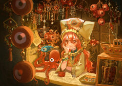 1girl absurdres book book_stack bracelet closed_mouth commentary_request counter eyeball gold_bracelet gold_trim hair_between_eyes hand_on_own_cheek hand_on_own_face hat head_rest highres holding holding_quill indoors jar jewelry light_particles long_hair long_sleeves marutani model_ship octopus original paper peacock_feathers quill red_eyes red_hair shop smile solo tassel upper_body writing yellow_hat