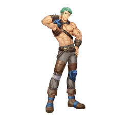 1boy abs absurdres arm_behind_head bare_pectorals bracer commentary_request dieck_(fire_emblem) fire_emblem fire_emblem:_the_binding_blade fire_emblem_heroes full_body green_eyes green_hair highres looking_at_viewer male_focus mikurou_(nayuta) multiple_scars muscular muscular_male nintendo no_nipples official_art pectorals scar scar_across_eye scar_on_face short_hair simple_background solo standing white_background