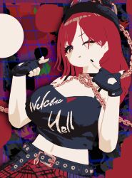 +_+ 1girl ;p bare_shoulders belt black_nails black_shirt blush_stickers breasts chain clothes_writing cowboy_shot crop_top eyelashes fingerless_gloves gloves gold_chain hands_up hecatia_lapislazuli highres large_breasts long_hair looking_at_viewer los_polos_hermanos_crown midriff nail_polish navel one_eye_closed parted_bangs plaid_clothes plaid_skirt red_background red_eyes red_hair shirt skirt solo swept_bangs tongue tongue_out touhou wrench_(superwrenching)