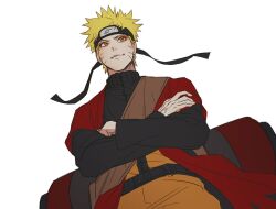 Rule 34 | 1boy, black sleeves, blonde hair, closed mouth, commentary request, cowboy shot, crossed arms, eyeliner, facial mark, from below, furrowed brow, haori, headband, horizontal pupils, hxxnuat, jacket, japan, japanese clothes, jumpsuit, korean commentary, makeup, male focus, naruto (series), naruto shippuuden, orange eyes, orange jacket, orange jumpsuit, orange pants, pants, red eyeliner, red haori, sennin mode, short hair, sketch, smile, solo, spiked hair, uzumaki naruto, whisker markings, white background