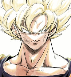 Rule 34 | 1boy, 9302w (user wjpg8475), blonde hair, blue shirt, chinese commentary, closed mouth, collarbone, commentary request, curtained hair, dragon ball, dragonball z, green eyes, highres, long bangs, looking at viewer, male focus, medium hair, portrait, scratches, shirt, smile, smirk, solo, son goku, spiked hair, super saiyan, super saiyan 1, sweatdrop