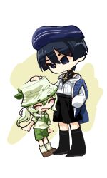 1boy 1girl 3fish7 absurdres alternate_costume arms_at_sides beret black_boots black_eyes black_hair black_shirt black_shorts blue_hat blue_shawl blush boots brown_shoes bucket_hat closed_eyes collared_shirt empty_eyes eyeliner eyeshadow full_body genshin_impact gold_necklace gold_pendant green_hair green_shorts green_trim hat hat_ornament headpat height_difference highres jewelry leaf_hat_ornament long_hair long_sleeves looking_at_another looking_down makeup multicolored_hair nahida_(genshin_impact) necklace no_mouth official_alternate_costume open_hands open_mouth purple_eyes red_eyeliner red_eyeshadow scaramouche_(genshin_impact) shawl shirt shoes short_sleeves shorts shoulder_peek side_ponytail sidelocks socks standing streaked_hair turtleneck turtleneck_shirt wanderer_(genshin_impact) wanderer_(wanderer_impression)_(genshin_impact) white_hair white_hat white_shirt white_sleeves white_socks white_trim wing_collar