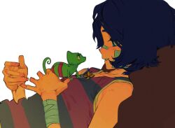 1girl bandaged_wrist bandages bandaid bandaid_on_cheek bandaid_on_face bandaid_on_nose blue_eyes blue_hair chameleon commentary from_side jewelry leon_(wonder_egg_priority) lying necklace on_back ooto_ai pillow shiruanyways short_hair smile solo striped_tank_top tank_top unworn_jewelry unworn_necklace wonder_egg_priority